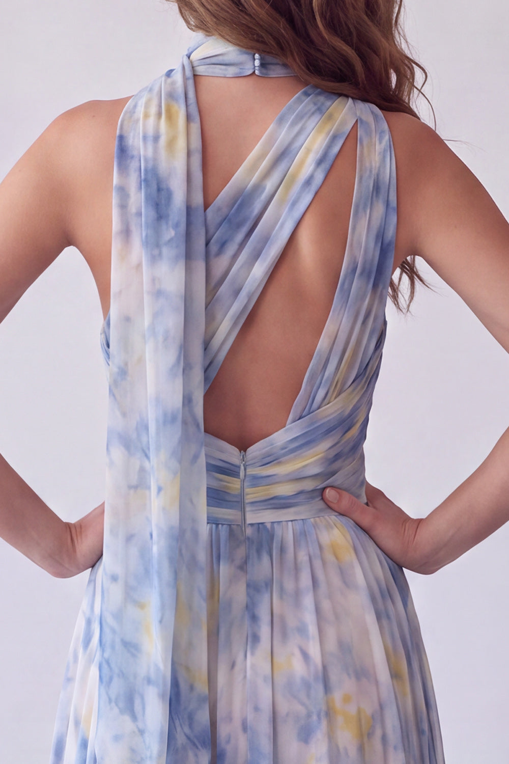 Dusty Blue Floral One Shoulder Pleated Long Formal Dress