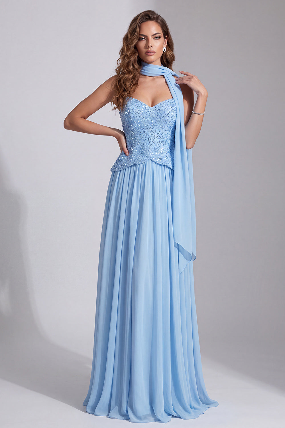 Sky Blue Sparkly Sequin Long A Line Formal Dress with Neck Scarf