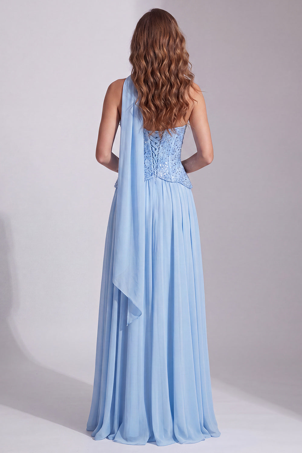 Sky Blue Sparkly Sequin Long A Line Formal Dress with Neck Scarf