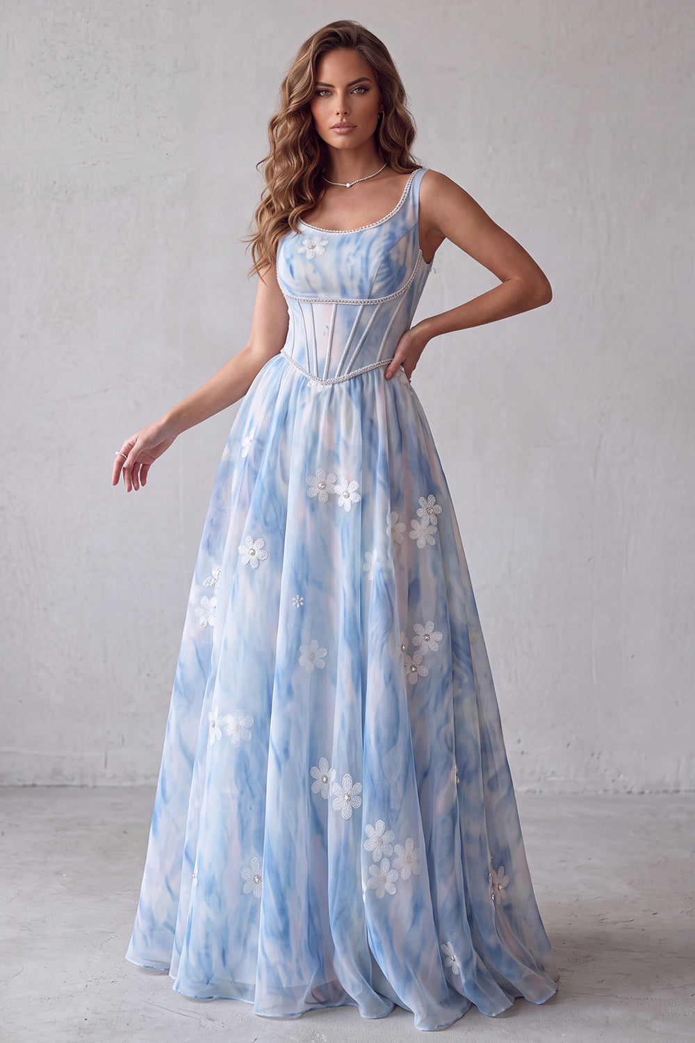 Light Blue Corset Beaded Floral A Line Long Formal Dress