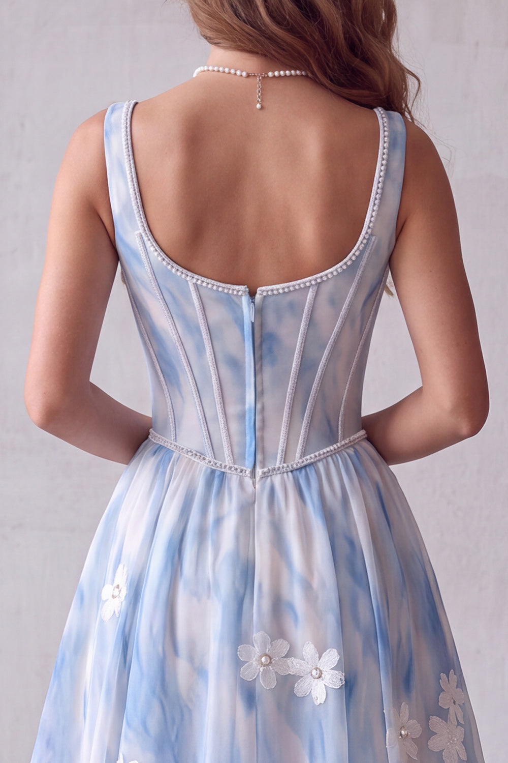 Light Blue Corset Beaded Floral A Line Long Formal Dress