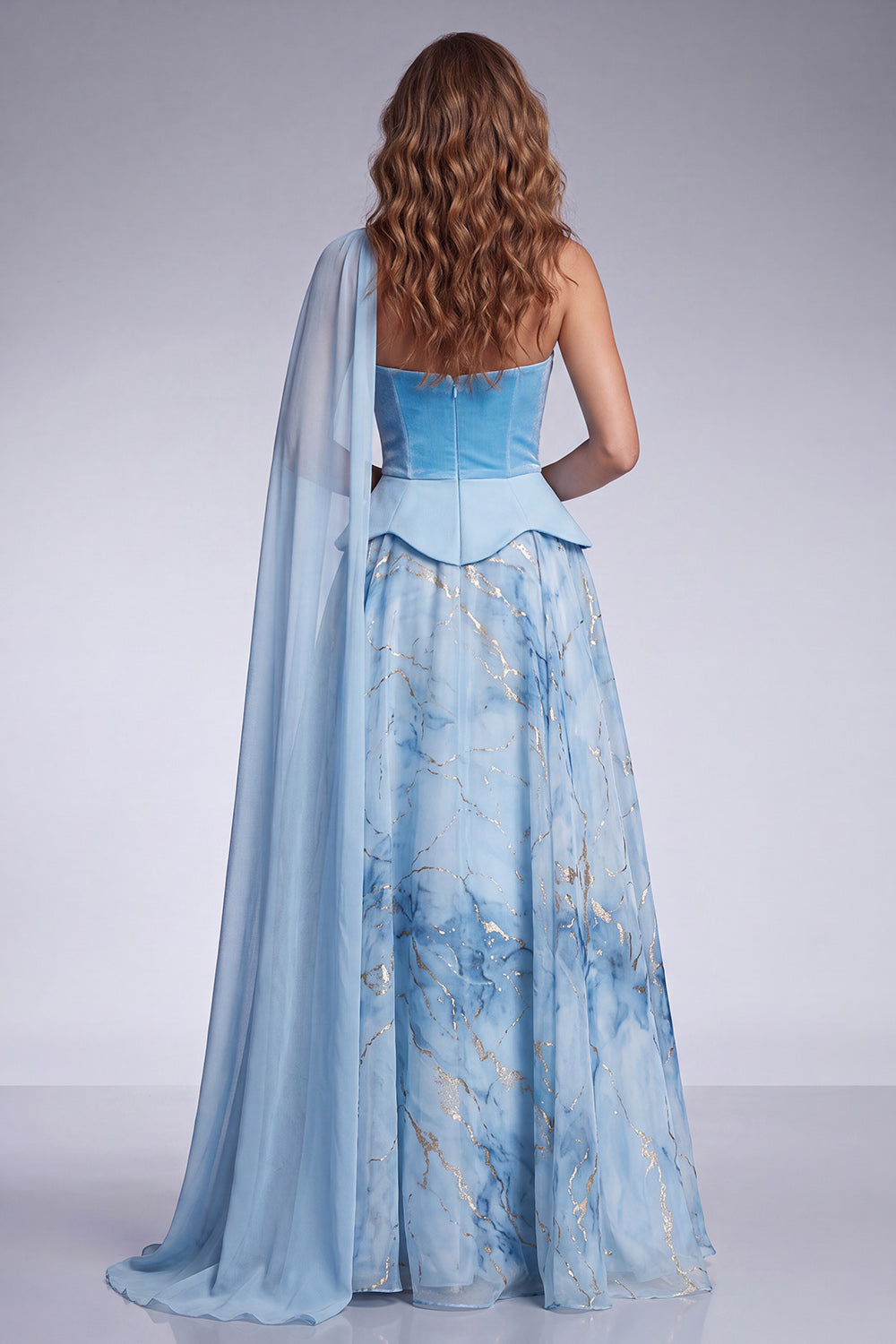 Sky Blue Velvet Strapless A Line Long Formal Dress with Side Cape