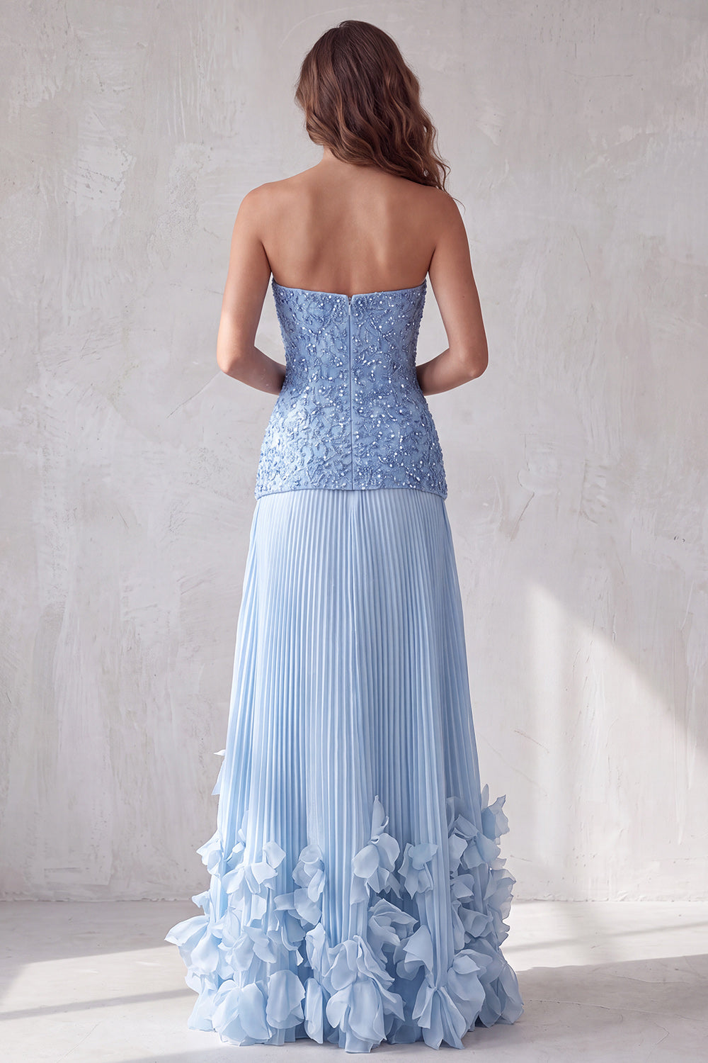 Blue Sparkly Pleated A Line Sequin Long Formal Dress with 3D Flowers