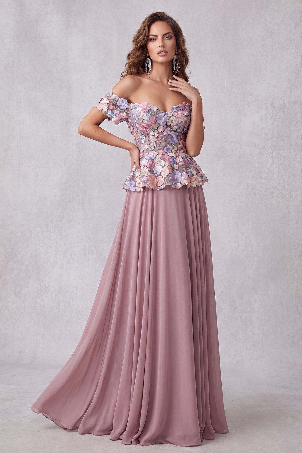Vintage Mauve Chiffon Off the Shoulder Floral A Line Long Formal Dress