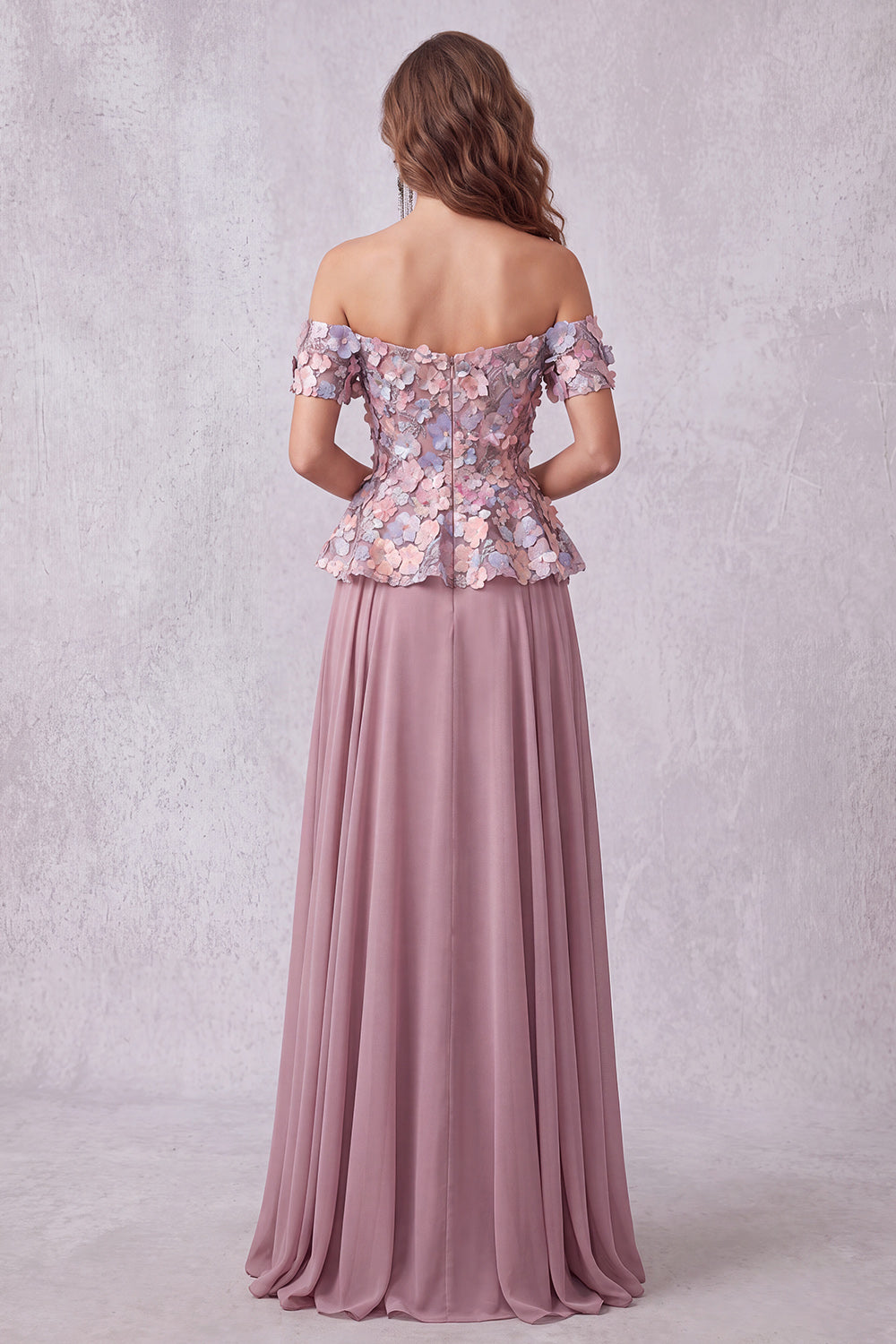 Vintage Mauve Chiffon Off the Shoulder Floral A Line Long Formal Dress