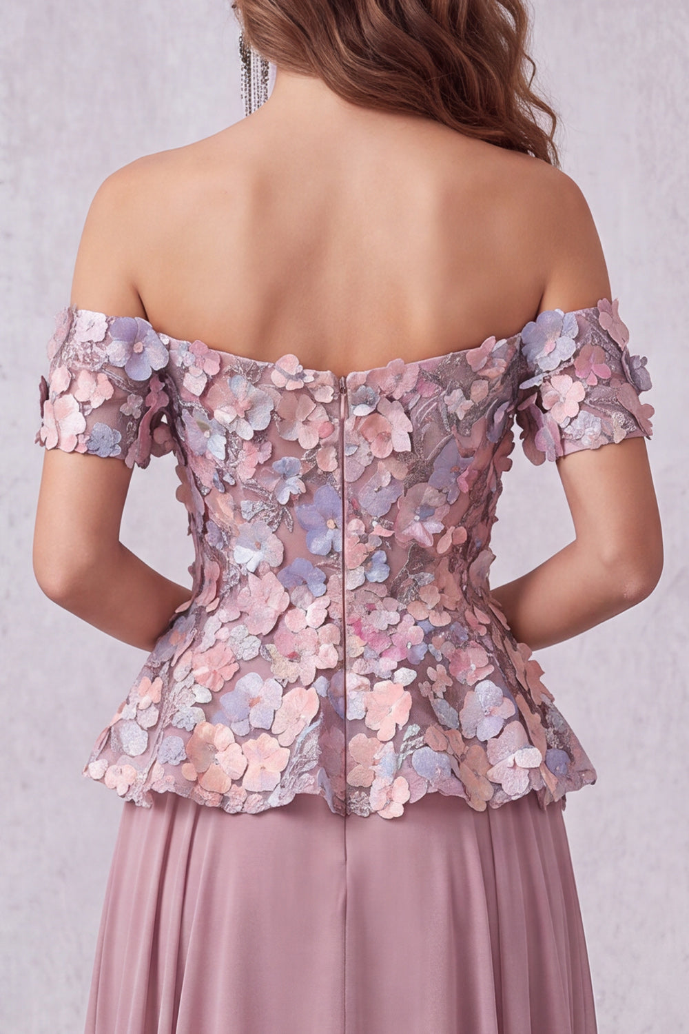 Vintage Mauve Chiffon Off the Shoulder Floral A Line Long Formal Dress