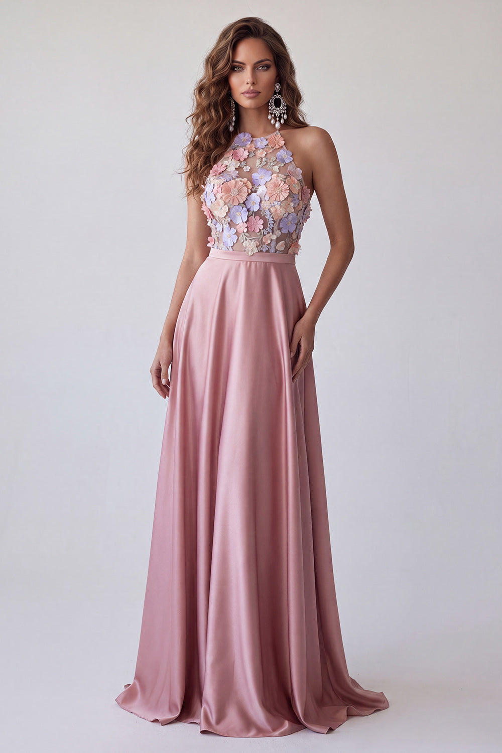 Halter Pink Floral Satin A Line Keyhole Back Long Formal Dress