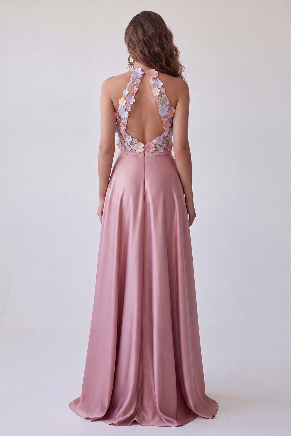 Halter Pink Floral Satin A Line Keyhole Back Long Formal Dress