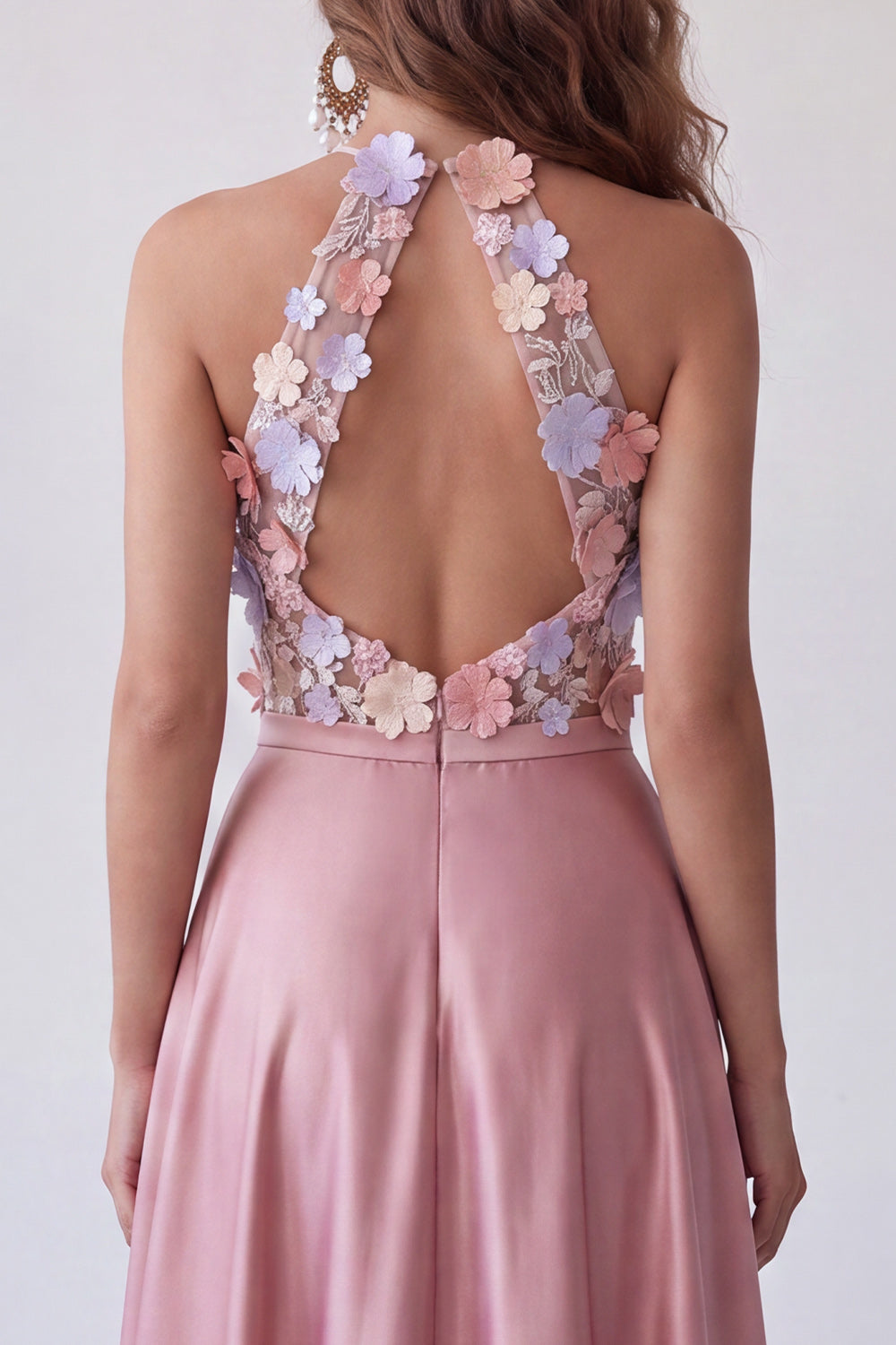 Halter Pink Floral Satin A Line Keyhole Back Long Formal Dress