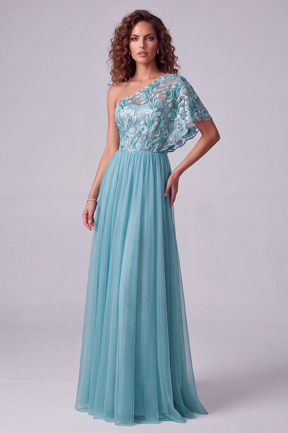 Pink Floral A Line One Shoulder Long Formal Dress with Sleeve