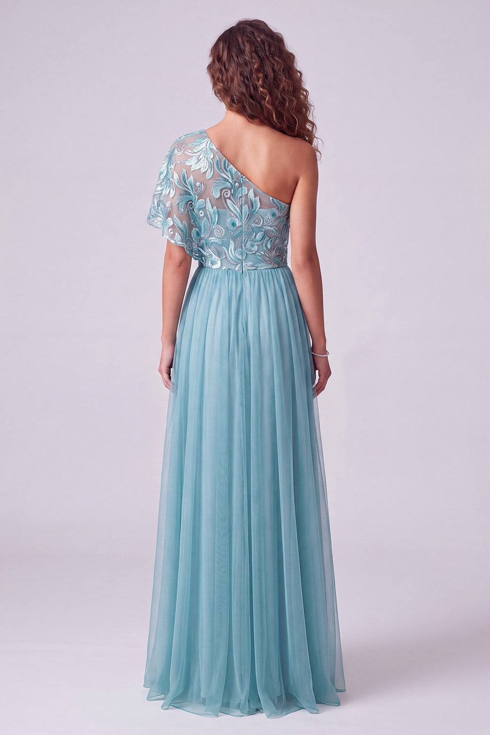 Pink Floral A Line One Shoulder Long Formal Dress with Sleeve