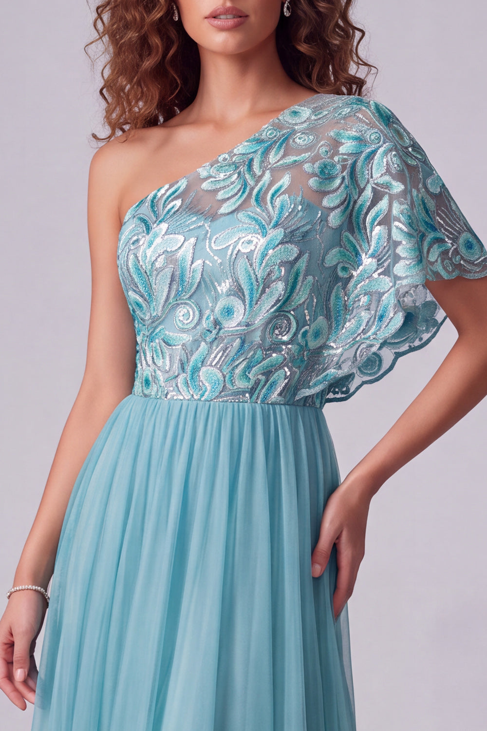 Pink Floral A Line One Shoulder Long Formal Dress with Sleeve