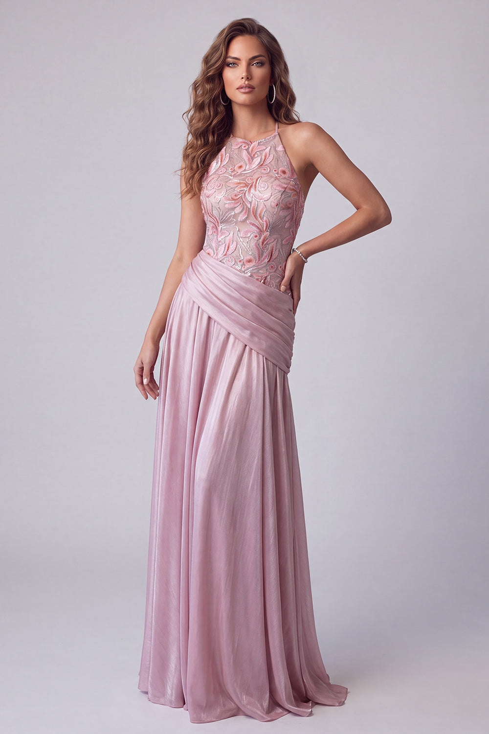 Pink A Line Halter Floral Sequin Draped Long Formal Dress