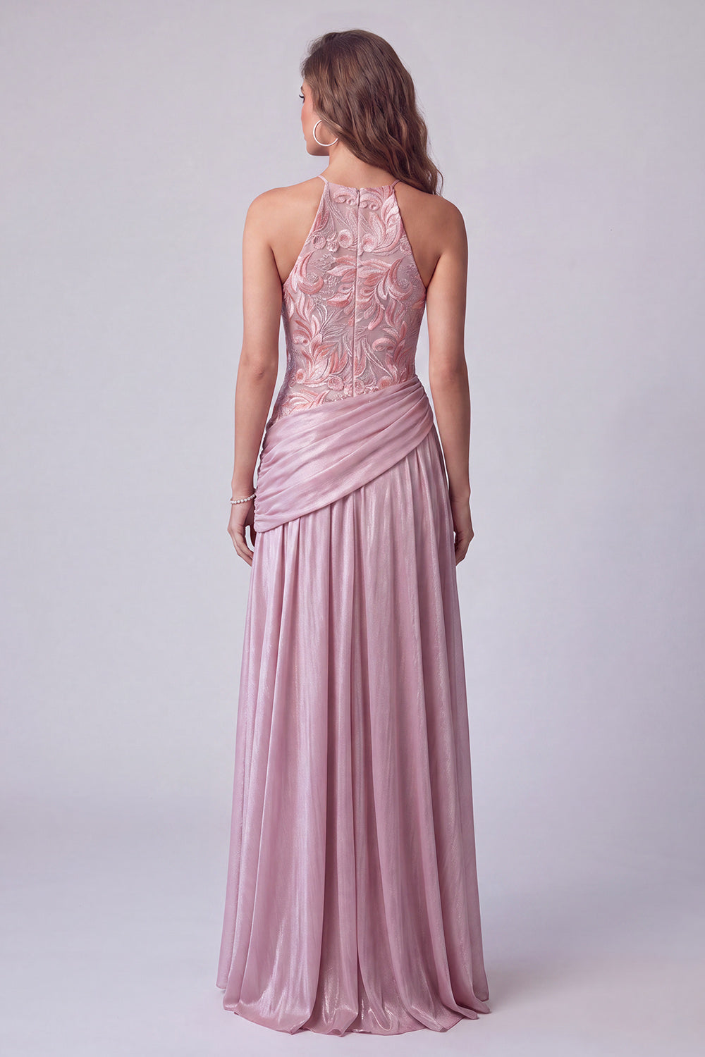 Pink A Line Halter Floral Sequin Draped Long Formal Dress