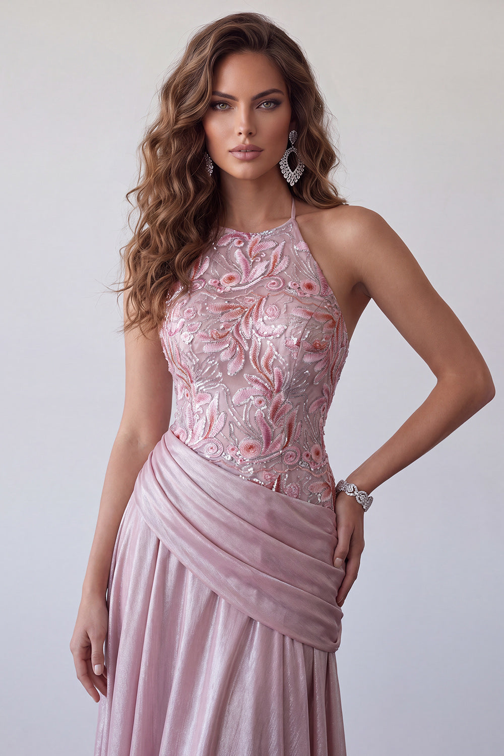 Pink A Line Halter Floral Sequin Draped Long Formal Dress