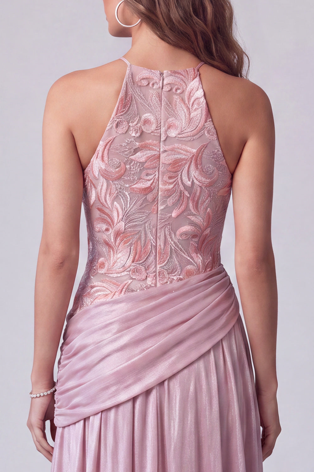 Pink A Line Halter Floral Sequin Draped Long Formal Dress