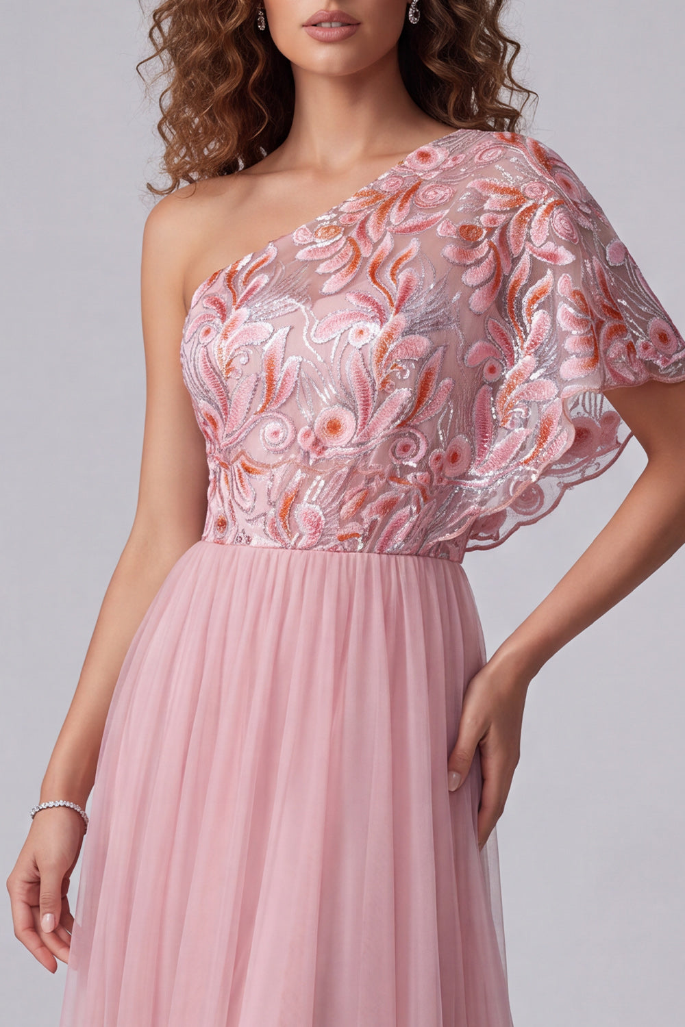 Pink Floral A Line One Shoulder Long Formal Dress with Sleeve