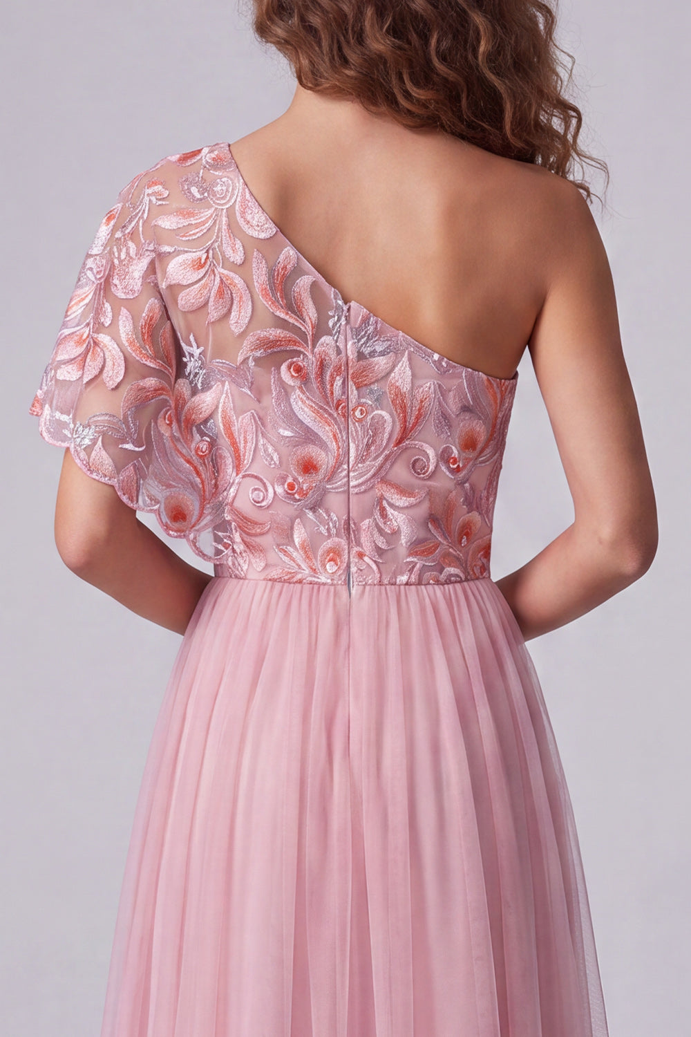 Pink Floral A Line One Shoulder Long Formal Dress with Sleeve