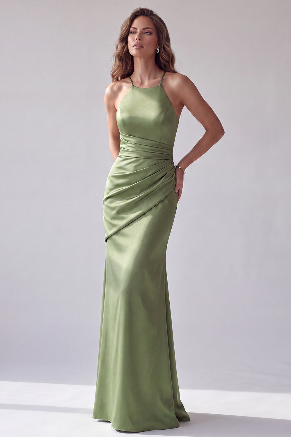 Green Halter Simple Satin Mermaid Ruched Long Formal Dress