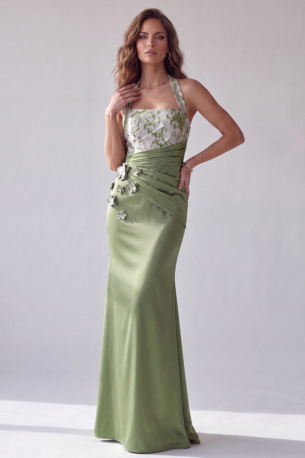 Green Mermaid Ruched Satin Long Halter Formal Dress with 3D Flowers