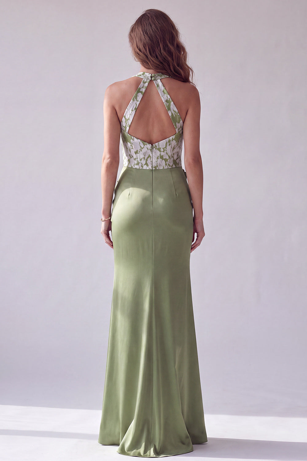 Green Mermaid Ruched Satin Long Halter Formal Dress with 3D Flowers