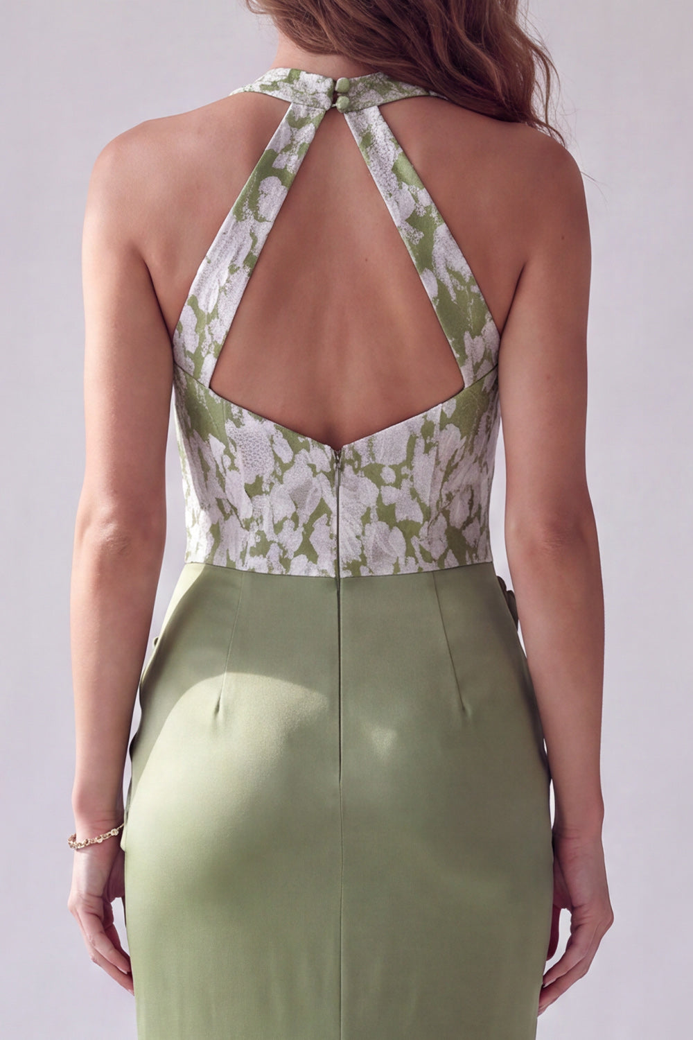Green Mermaid Ruched Satin Long Halter Formal Dress with 3D Flowers