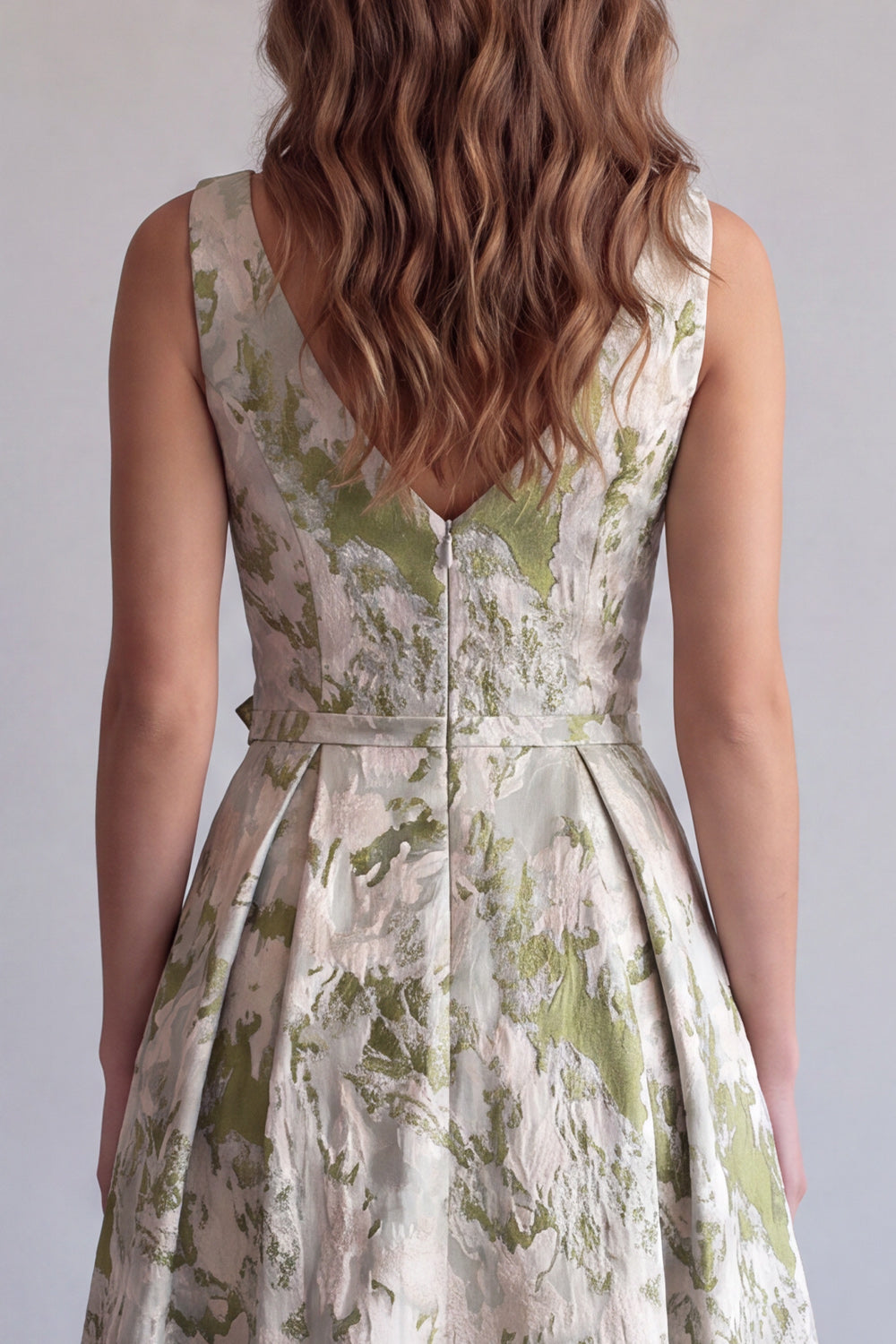 Light Green V-Neck Ruched Jacquard A Line Long Formal Dress with 3D Flowers