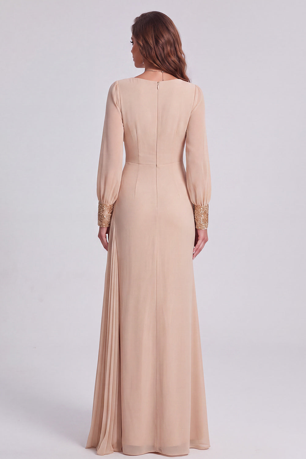 Sparkly Champagne Sequin Floral Mermaid Long Formal Dress with Sleeves