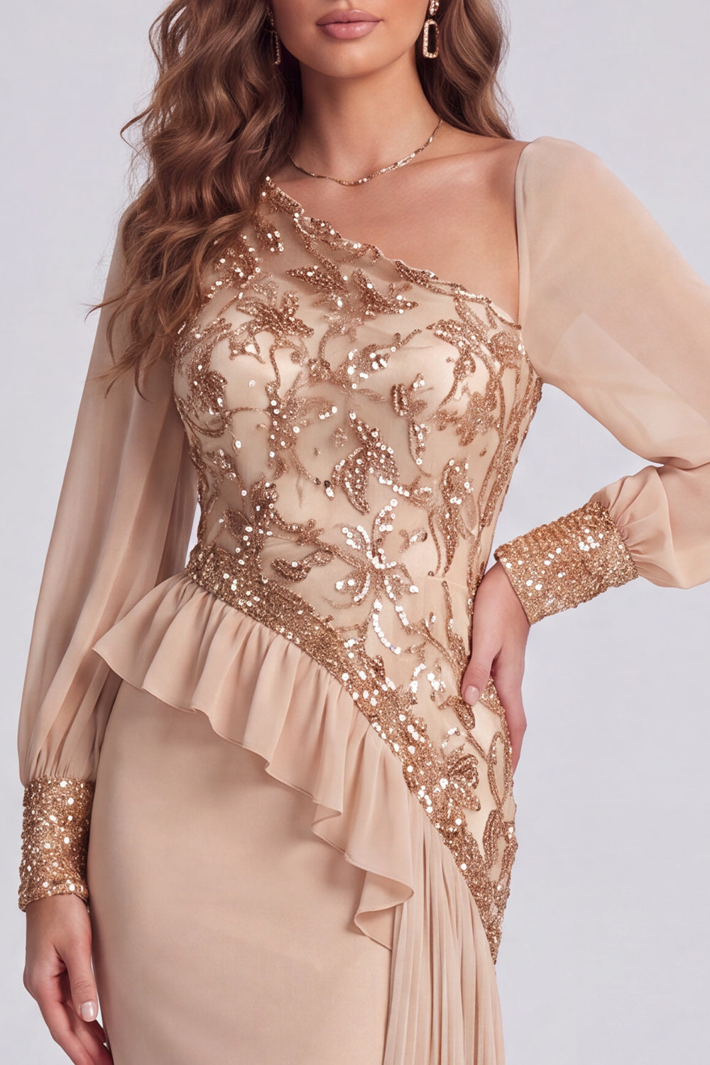 Sparkly Champagne Sequin Floral Mermaid Long Formal Dress with Sleeves