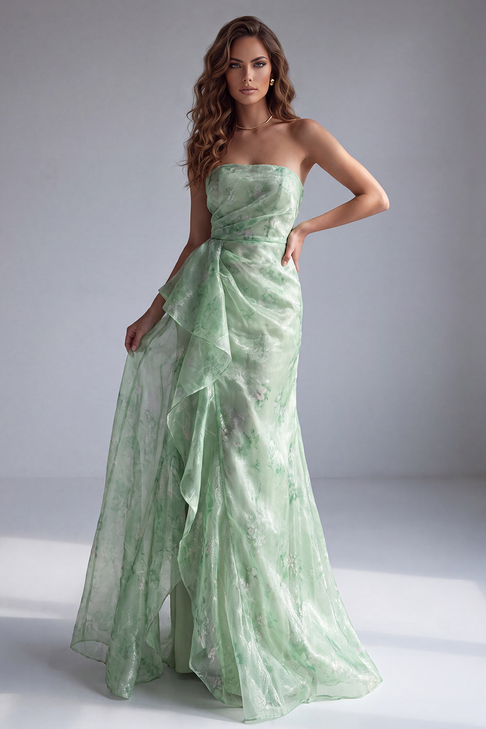 Green Ruffled Strapless Floral Mermaid Long Formal Dress