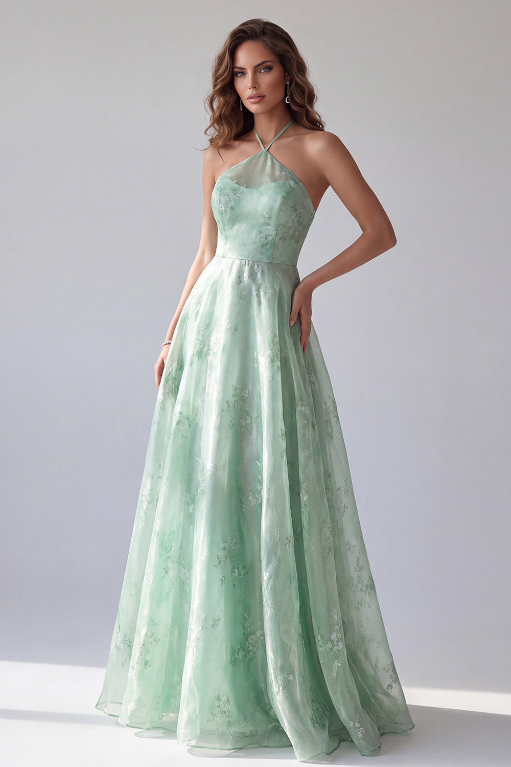 Green Floral Halter A Line Backless Long Formal Dress