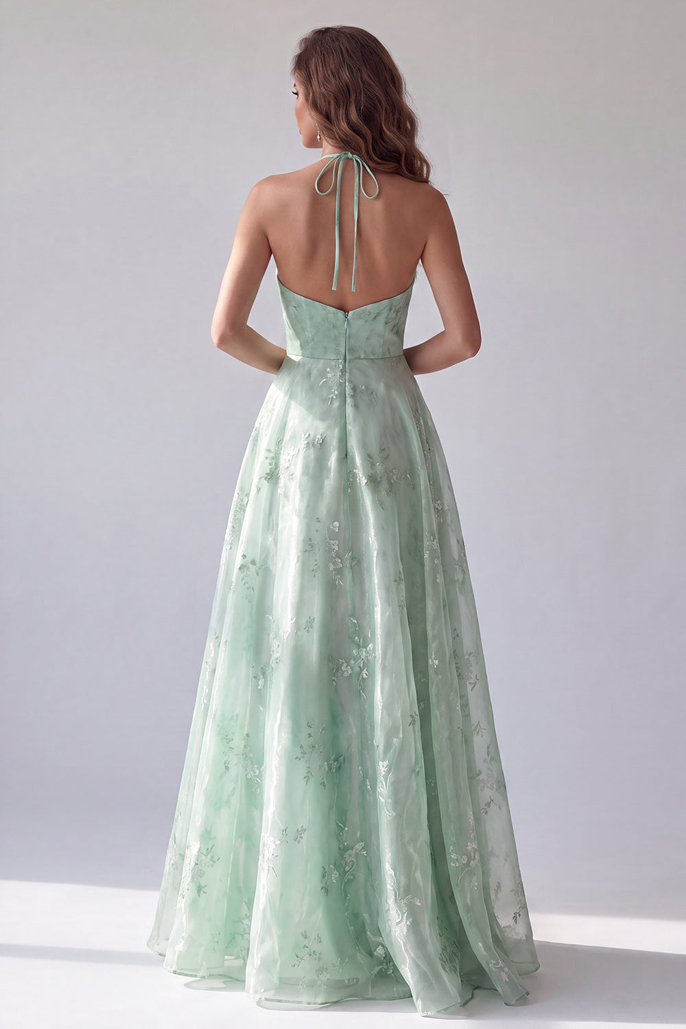 Green Floral Halter A Line Backless Long Formal Dress