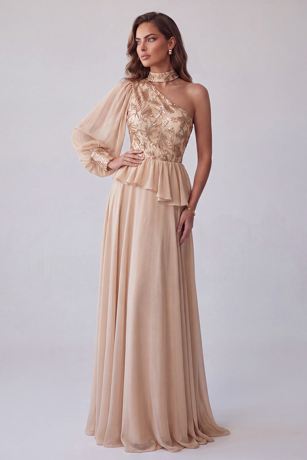 Champagne Floral A Line Sequin Sparkly Long Formal Dress with Sleeve