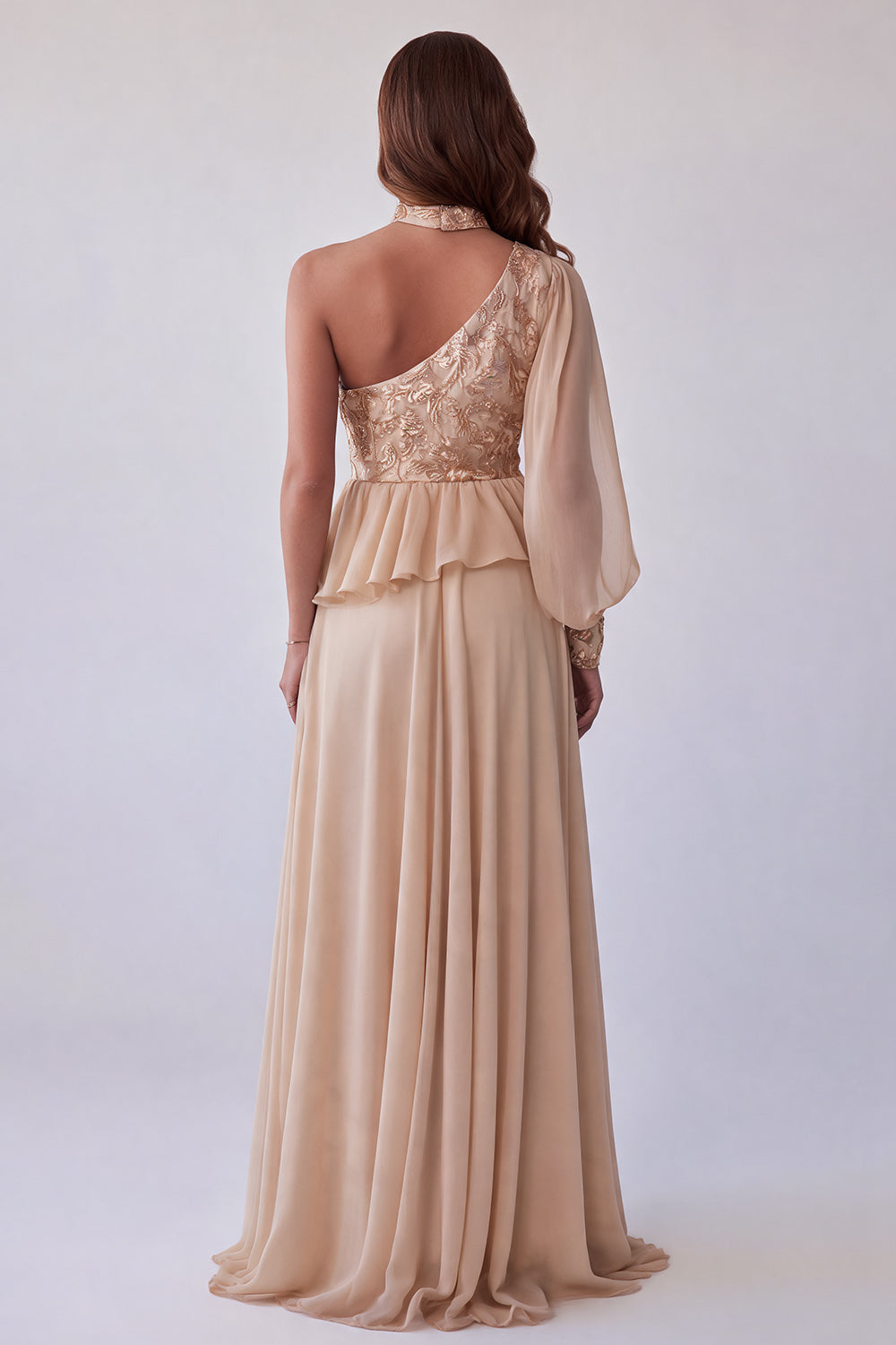 Champagne Floral A Line Sequin Sparkly Long Formal Dress with Sleeve