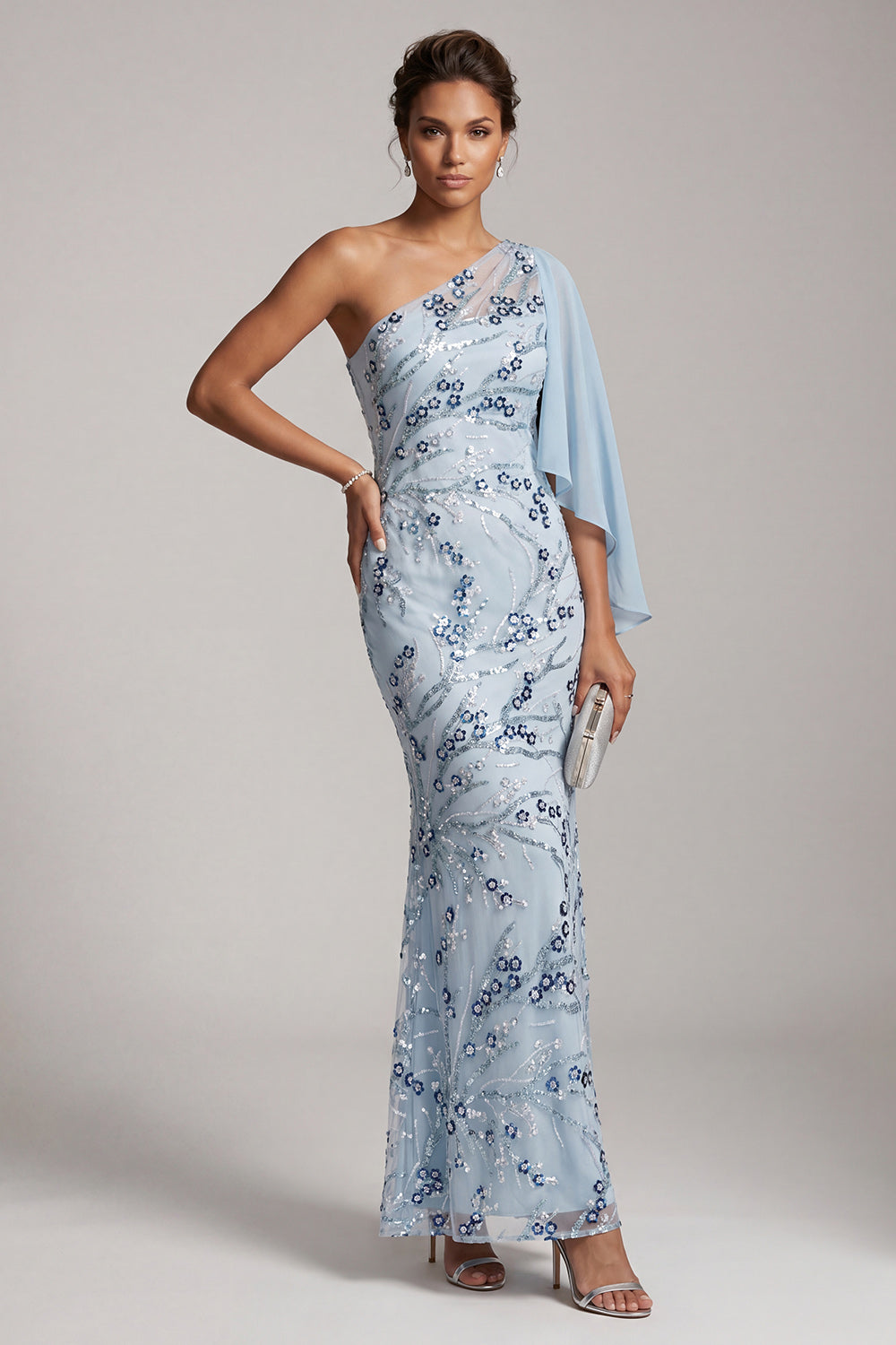 Floral Sky Blue One Shoulder Mermaid Long Mother of the Bride Dress with Side Cape