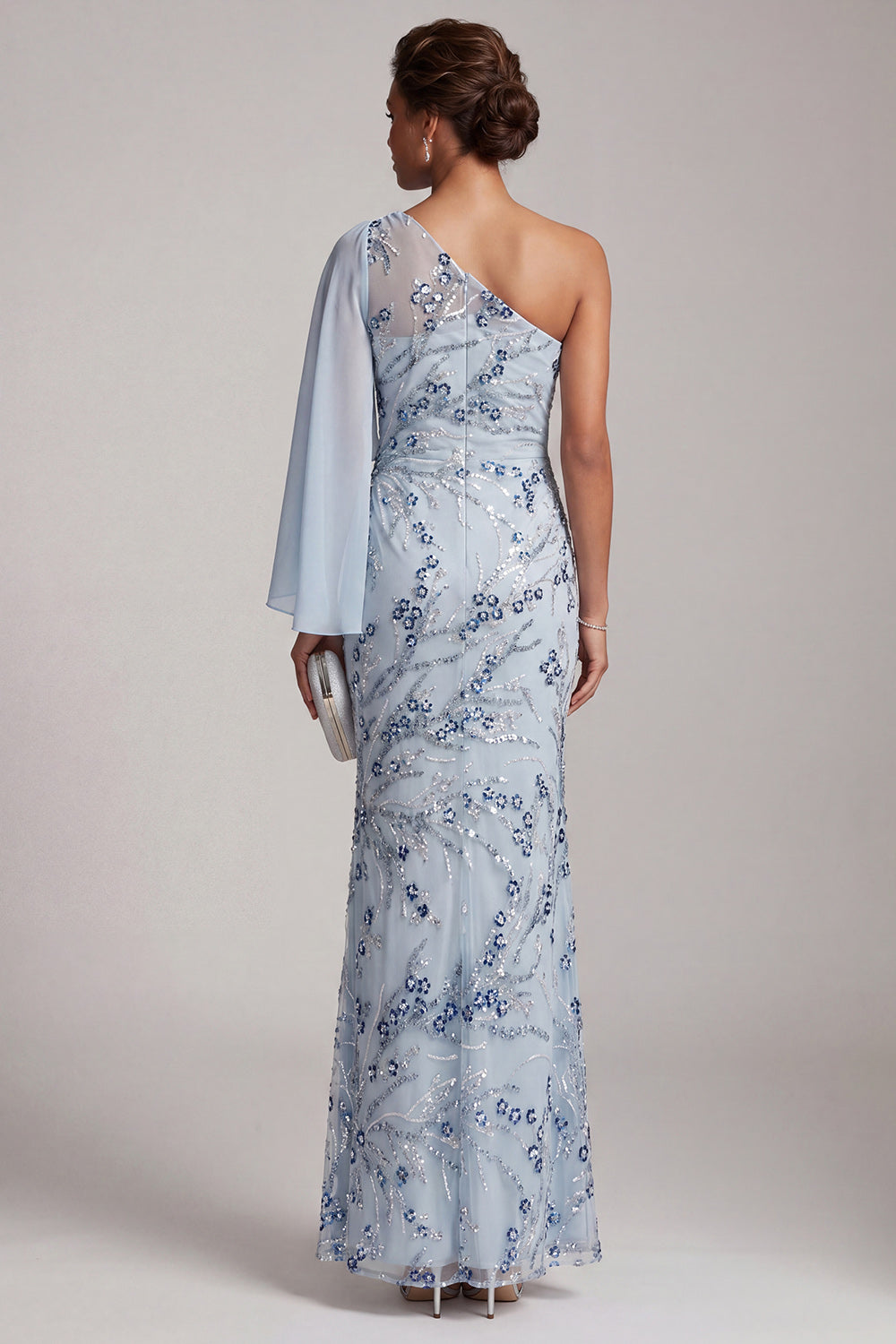 Floral Sky Blue One Shoulder Mermaid Long Mother of the Bride Dress with Side Cape