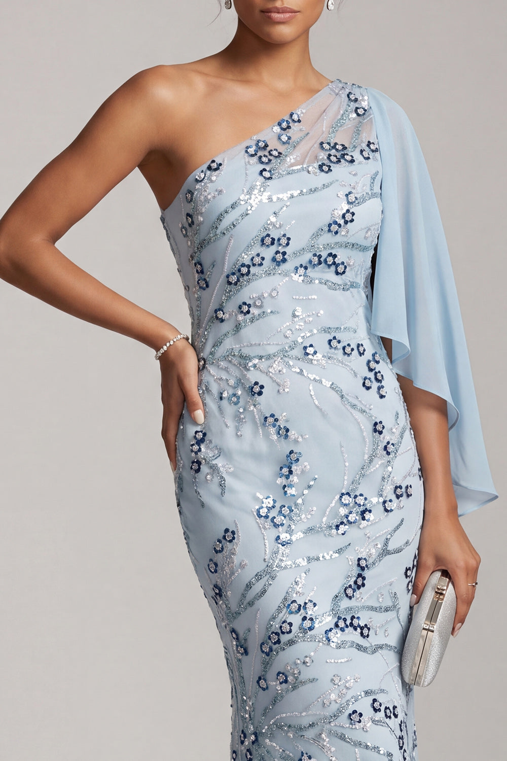 Floral Sky Blue One Shoulder Mermaid Long Mother of the Bride Dress with Side Cape