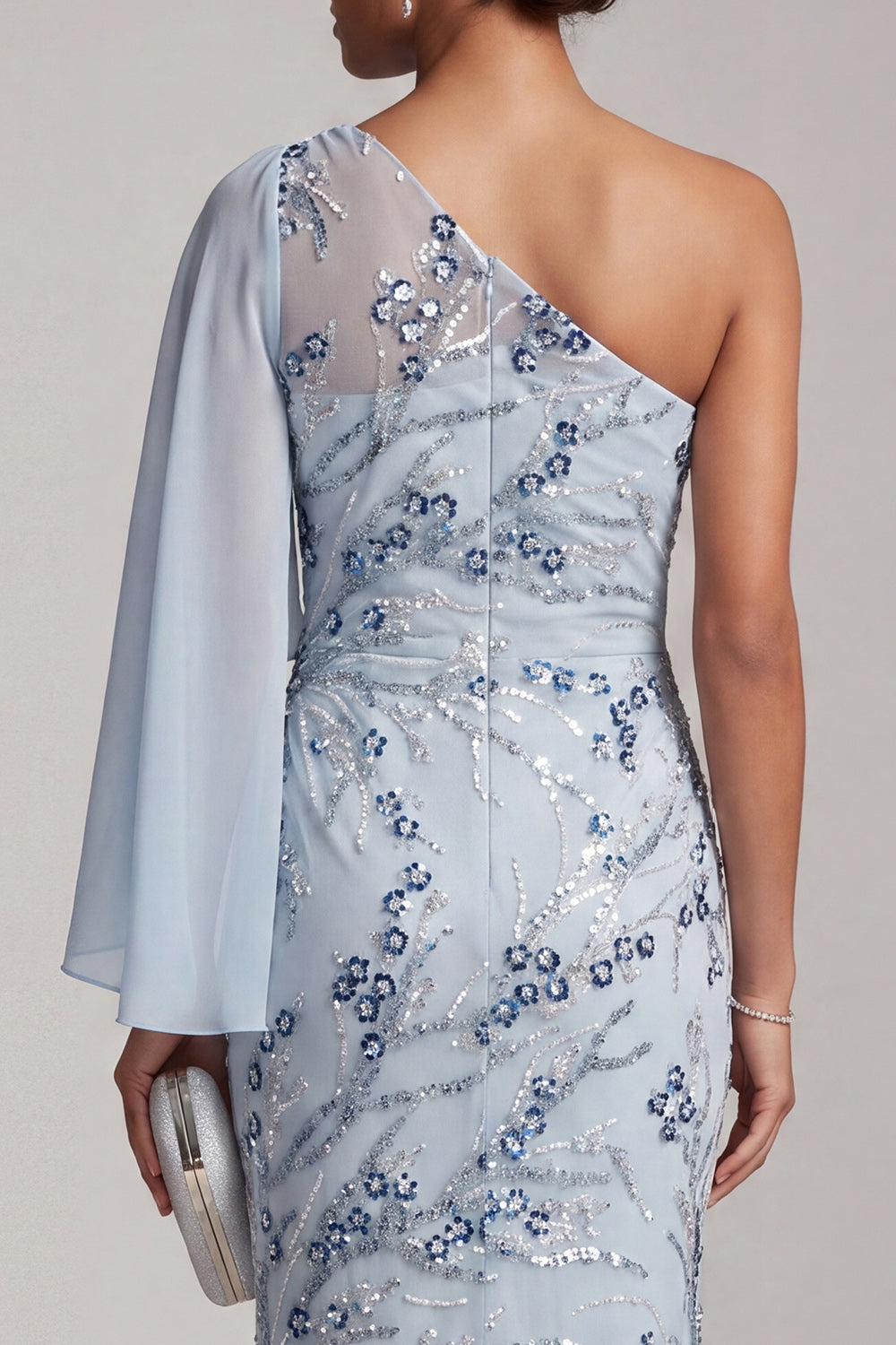 Floral Sky Blue One Shoulder Mermaid Long Mother of the Bride Dress with Side Cape