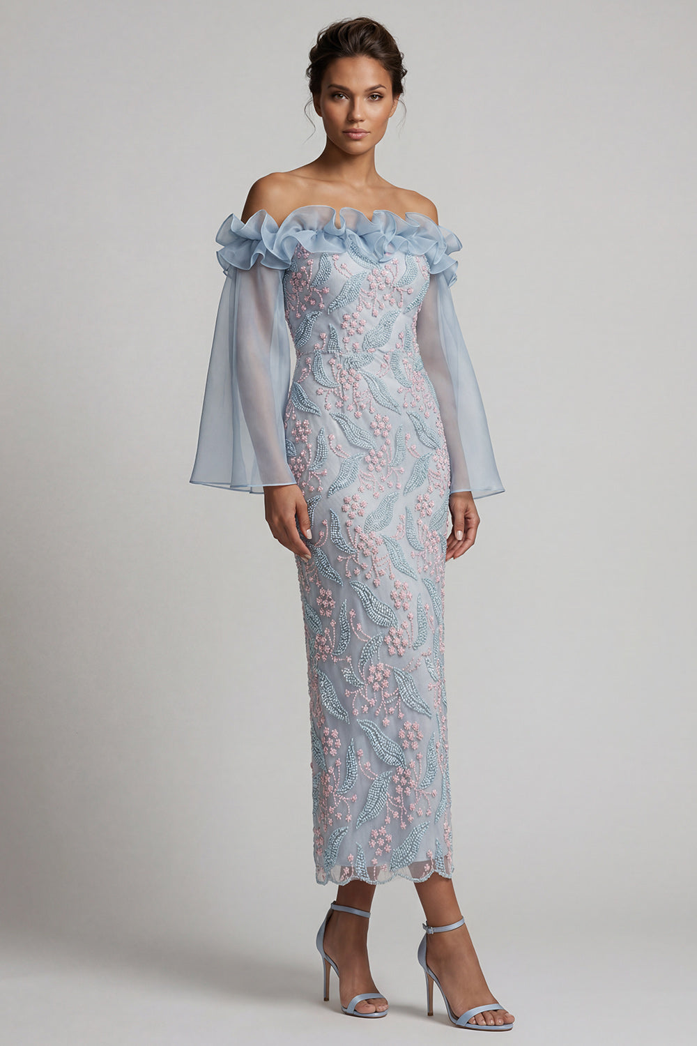 Floral Dusty Blue Ruffled Sheath Off the Shoulder Midi Mother of the Bride Dress
