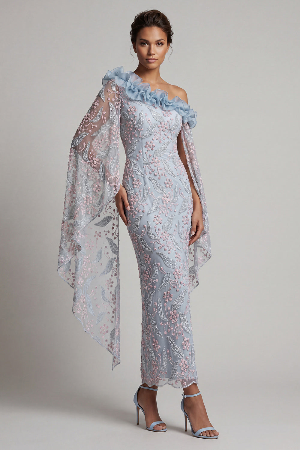Floral Dusty Blue Sheath One Shoulder Long Mother of the Bride Dress