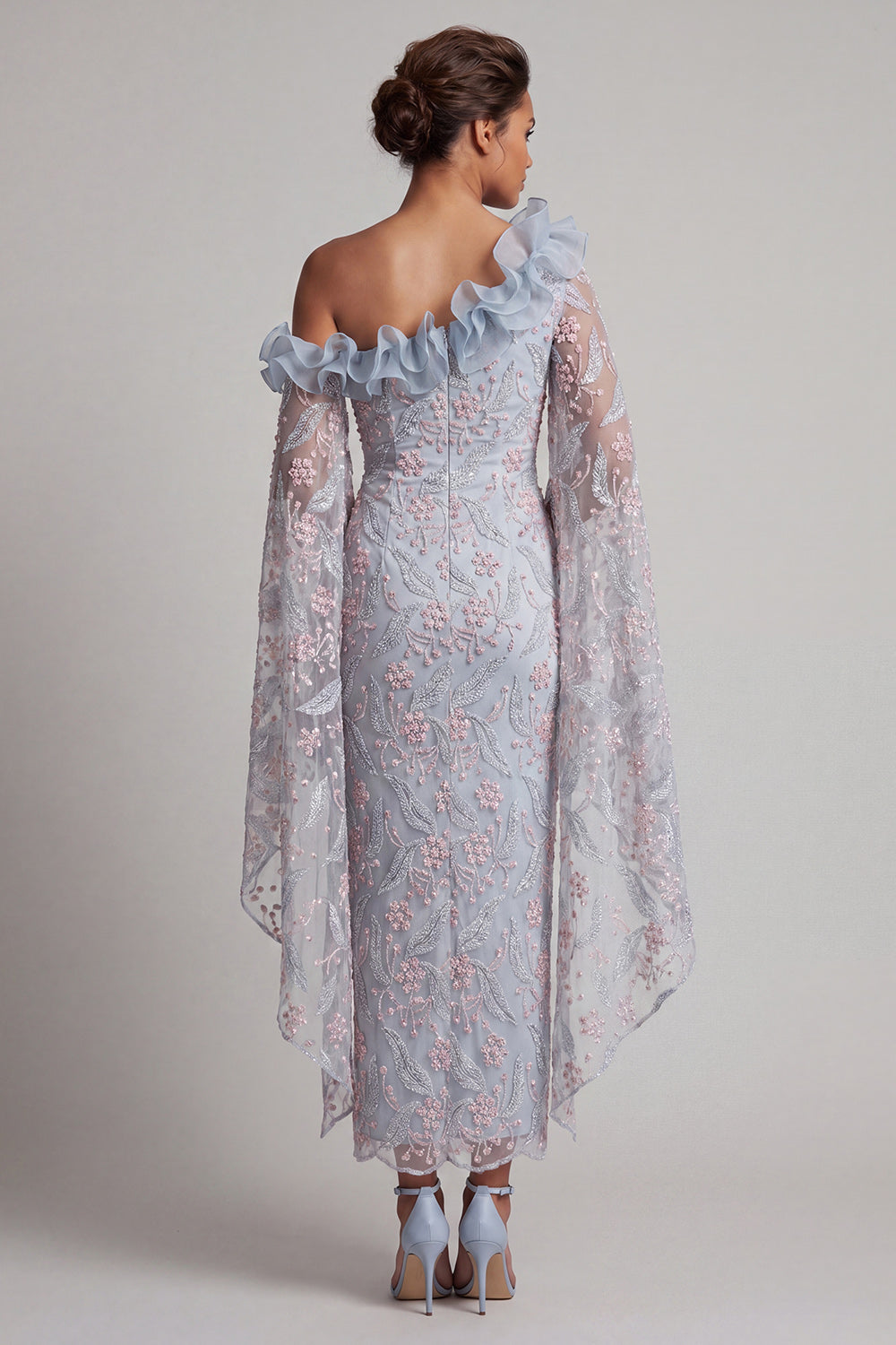 Floral Dusty Blue Sheath One Shoulder Long Mother of the Bride Dress