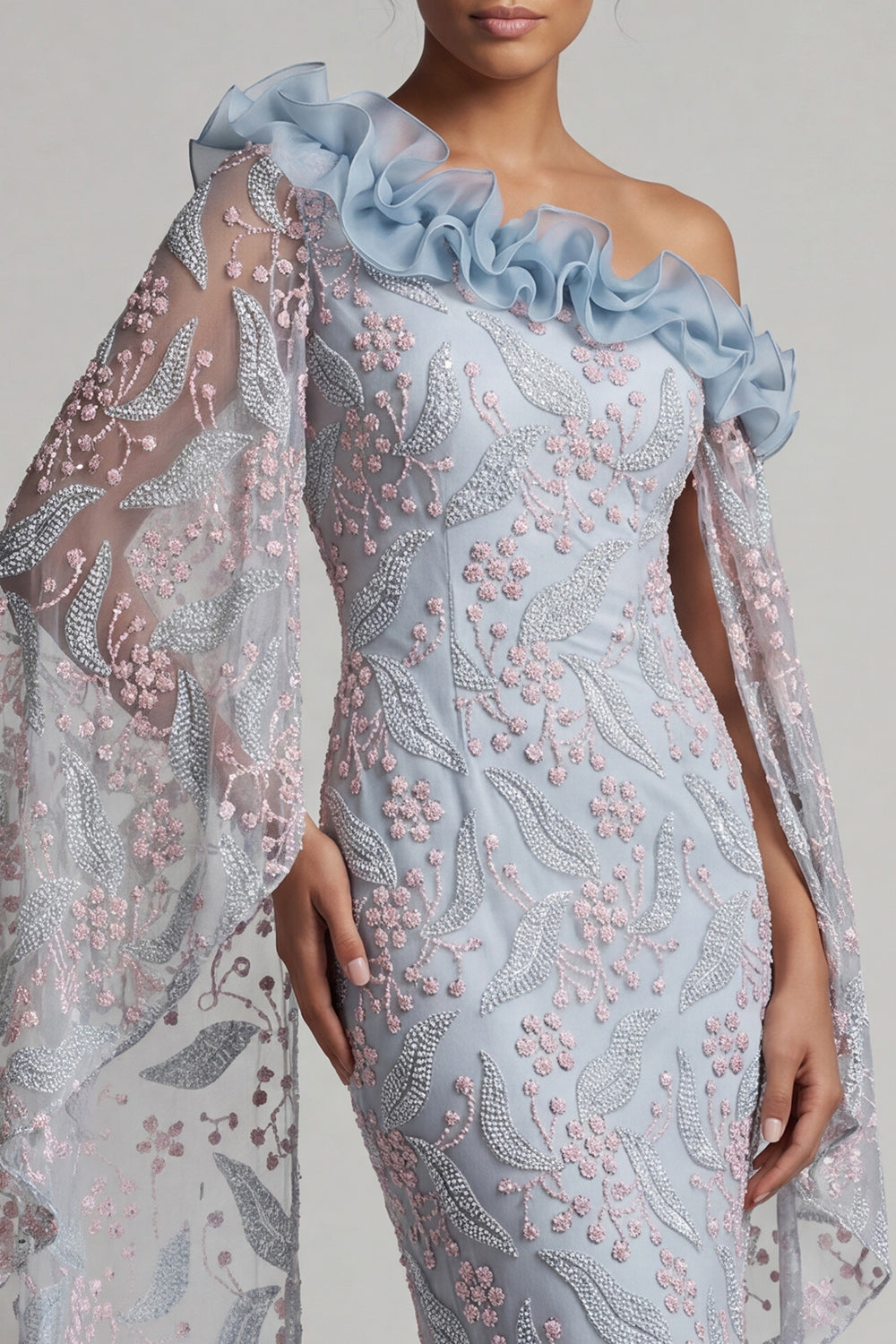 Floral Dusty Blue Sheath One Shoulder Long Mother of the Bride Dress