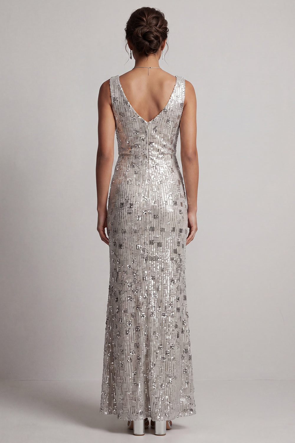 Sparkly Cowl Neck Sequins Silver Sheath Long Mother of the Bride Dress