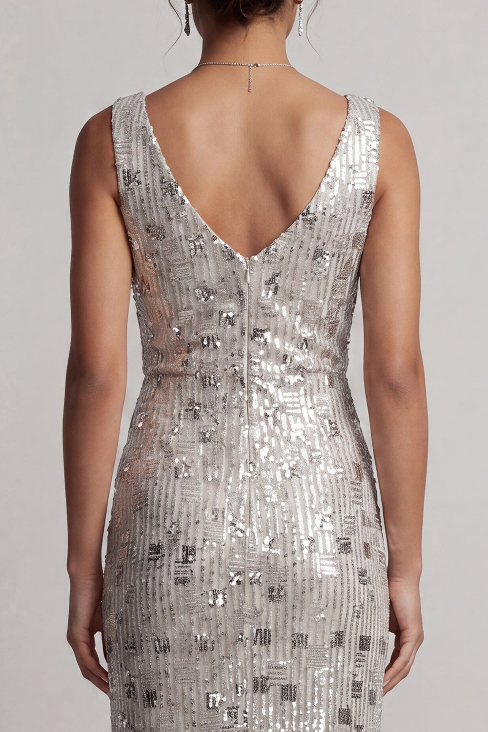 Sparkly Cowl Neck Sequins Silver Sheath Long Mother of the Bride Dress