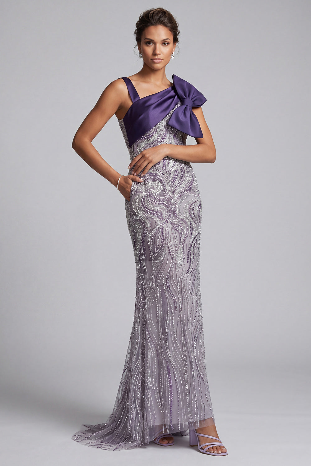 Sparkly Purple Beaded Mermaid Long Mother of the Bride Dress with Bow
