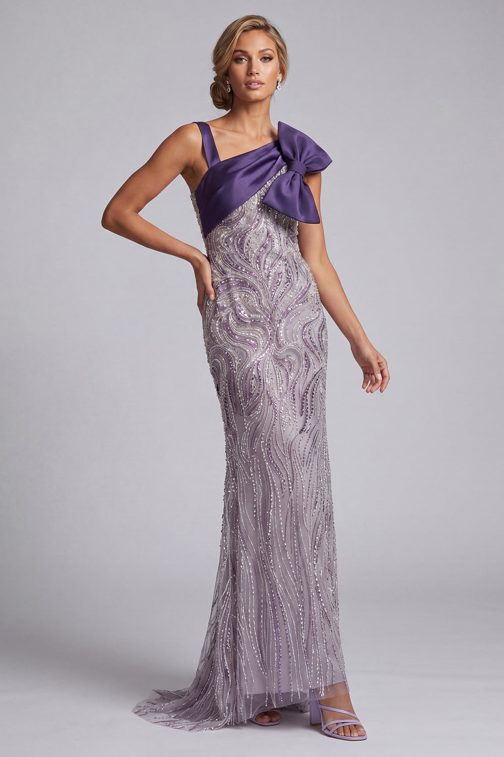 Sparkly Purple Beaded Mermaid Long Mother of the Bride Dress with Bow