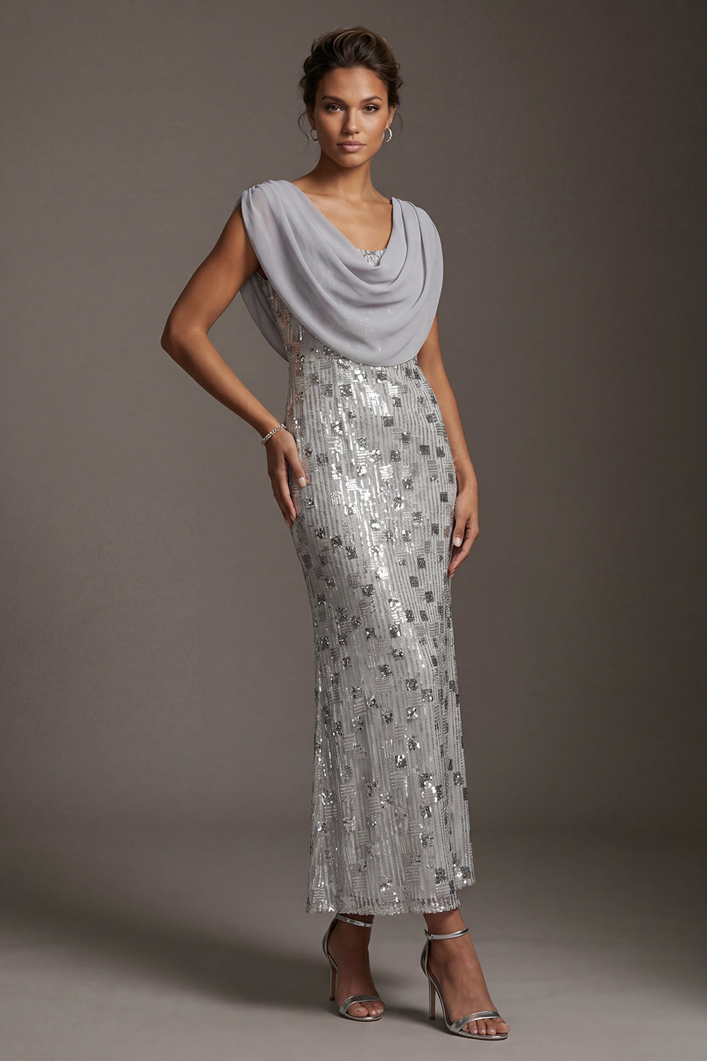 Sparkly Cowl Neck Sequins Silver Mermaid Long Mother of the Bride Dress