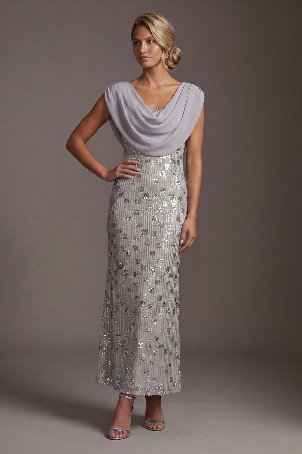 Sparkly Cowl Neck Sequins Silver Mermaid Long Mother of the Bride Dress