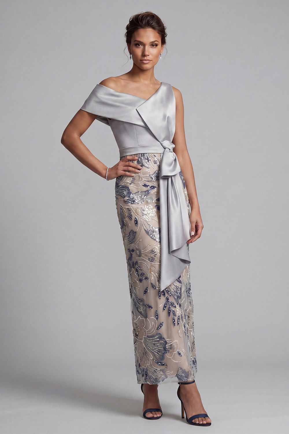 Silver Sparkly Floral Sheath Beaded Long Mother of the Bride Dress with Sash
