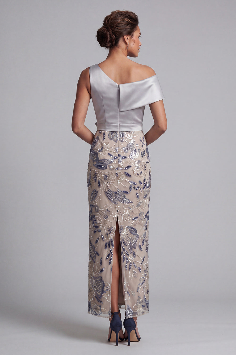 Silver Sparkly Floral Sheath Beaded Long Mother of the Bride Dress with Sash